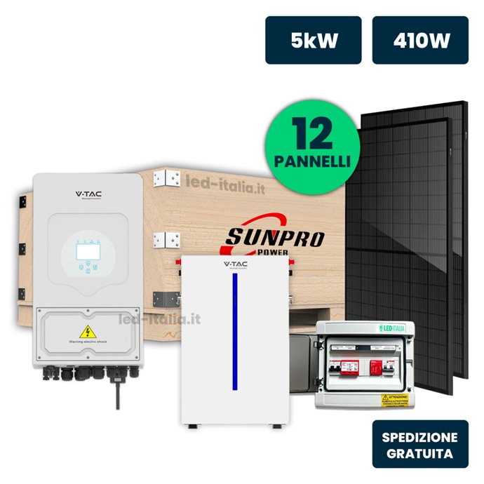 KIT Fotovoltaico Monofase 5kW con Inverter Ibrido, 12 Moduli TIER-1 430W (5.16kW) Black Frame con Accumulo LFP 6kWh e Quadro Com KIT Fotovoltaico Monofase 5kW con Inverter Ibrido, 12 Moduli TIER-1 430W (5.16kW) Black Frame con Accumulo LFP 6kWh e Quadro Com