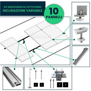 Kit Struttura in Alluminio per montaggio 10 Pannelli Fotovoltaici 35mm per installazione su Tetto Piano con Inclinazione Variabi