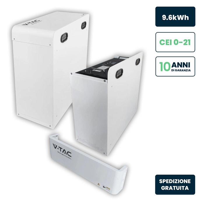 Kit Batteria di Accumulo 9.6kWh LiFePO4 BMS Integrato per Inverter Fotovoltaici CEI 0-21 48V 200Ah con Modulo Armadio Rack e Cop