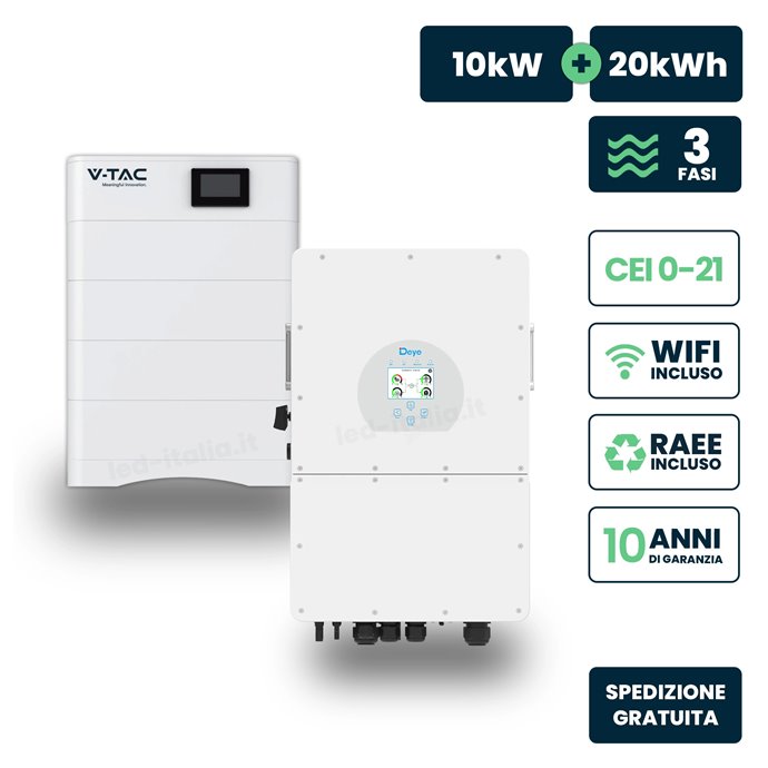 Kit Fotovoltaico Alta Tensione con Inverter Ibrido Trifase Deye 10kW e Accumulo LiFePO4 20.48kWh, BMS TA WiFi Inclusi, CEI-021 G Kit Fotovoltaico Alta Tensione con Inverter Ibrido Trifase Deye 10kW e Accumulo LiFePO4 20.48kWh, BMS TA WiFi Inclusi, CEI-021 G