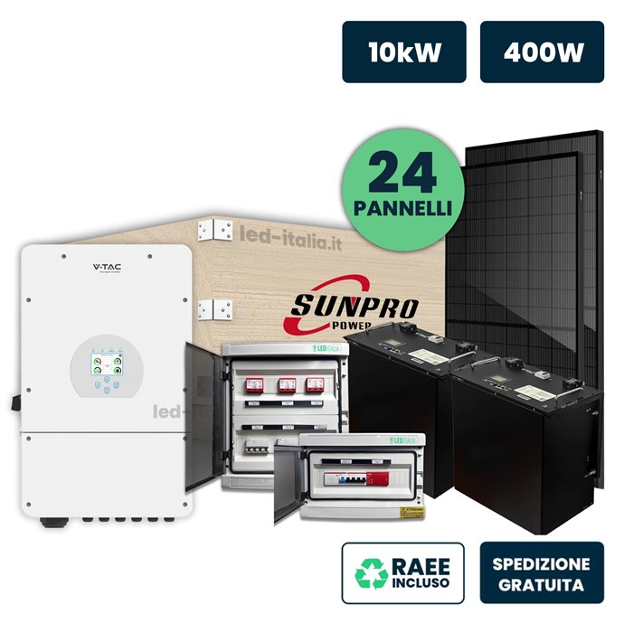 KIT Fotovoltaico Trifase 10kW con Inverter Ibrido, 24 Moduli TIER-1 430W (10.32kW) Black Frame con Accumulo LFP 20kWh, Quadri DC
