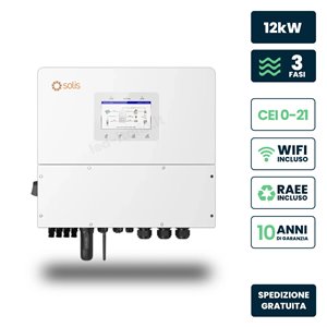 Inverter Fotovoltaico Alta Tensione Solis Trifase Ibrido On-Grid/Off-Grid 12kW, Quadruplo MPPT, CEI 0-21, Schermo LCD, WiFi Mete