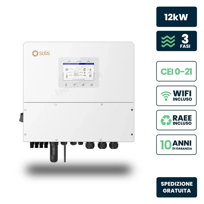 Inverter Fotovoltaico Alta Tensione Solis Trifase Ibrido On-Grid/Off-Grid 12kW, Quadruplo MPPT, CEI 0-21, Schermo LCD, WiFi Mete Inverter Fotovoltaico Alta Tensione Solis Trifase Ibrido On-Grid/Off-Grid 12kW, Quadruplo MPPT, CEI 0-21, Schermo LCD, WiFi Mete
