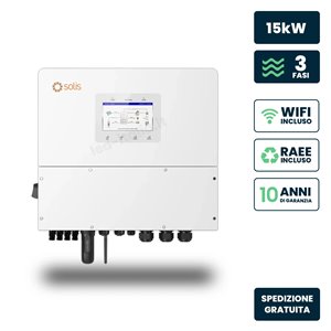 Inverter Fotovoltaico Alta Tensione Solis Trifase Ibrido On-Grid/Off-Grid 15kW, Quadruplo MPPT, CEI 0-21, Schermo LCD, Meter e T