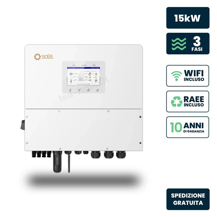 Inverter Fotovoltaico Alta Tensione Solis Trifase Ibrido On-Grid/Off-Grid 15kW, Quadruplo MPPT, CEI 0-21, Schermo LCD, Meter e T Inverter Fotovoltaico Alta Tensione Solis Trifase Ibrido On-Grid/Off-Grid 15kW, Quadruplo MPPT, CEI 0-21, Schermo LCD, Meter e T