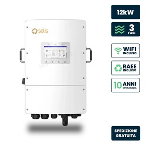 Inverter Fotovoltaico Solis Trifase Ibrido On-Grid/Off-Grid 12kW, Doppio MPPT, Schermo LCD, WiFi Meter e TA Inclusi, Garanzia 10
