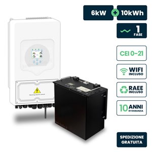 Kit Fotovoltaico Monofase 6kW con Inverter Ibrido Deye bianco e Batteria LiFePO4 10kWh, Doppio MPPT, CEI 0-21, WiFi, Garanzia 10