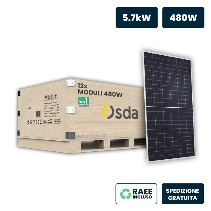 Set 5.7kW con 12 Pannelli Solari Fotovoltaici Moduli 480W OSDA Solar TIER-1 Monocristallino N-Type TOPCon Silver Frame IP67/IP68 Set 5.7kW con 12 Pannelli Solari Fotovoltaici Moduli 480W OSDA Solar TIER-1 Monocristallino N-Type TOPCon Silver Frame IP67/IP68
