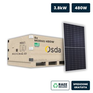 Set 3.8kW con 8 Pannelli Solari Fotovoltaici Moduli 480W OSDA Solar TIER-1 Monocristallino N-Type TOPCon Silver Frame IP67/IP68 