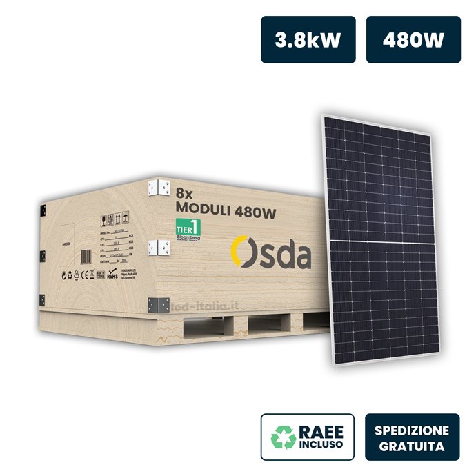 Set 3.8kW con 8 Pannelli Solari Fotovoltaici Moduli 480W OSDA Solar TIER-1 Monocristallino N-Type TOPCon Silver Frame IP67/IP68 Set 3.8kW con 8 Pannelli Solari Fotovoltaici Moduli 480W OSDA Solar TIER-1 Monocristallino N-Type TOPCon Silver Frame IP67/IP68