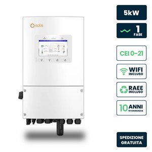 Inverter Fotovoltaico Solis Monofase Ibrido On-Grid/Off-Grid 5kW, Doppio MPPT, CEI 0-21, Schermo LCD, WiFi e TA Inclusi, Garanzi