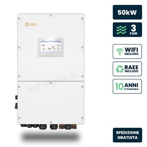 Inverter Fotovoltaico Alta Tensione Solis Trifase Ibrido On-Grid/Off-Grid 50kW, Quadruplo MPPT, Schermo LCD, WiFi Meter e TA Inc