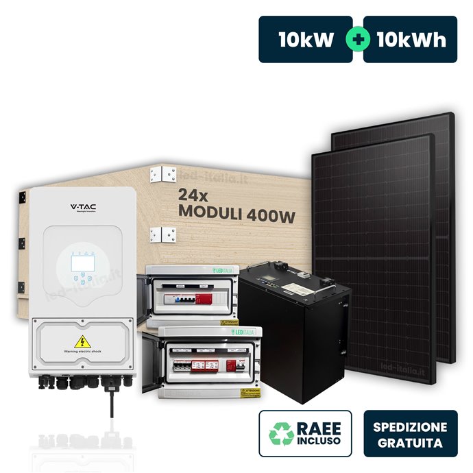 KIT Fotovoltaico Trifase 10kW con Inverter Ibrido, 24 Moduli 430W TIER-1 (10.32kW) Black Frame con Accumulo LFP 10kWh e Quadri D KIT Fotovoltaico Trifase 10kW con Inverter Ibrido, 24 Moduli 430W TIER-1 (10.32kW) Black Frame con Accumulo LFP 10kWh e Quadri D