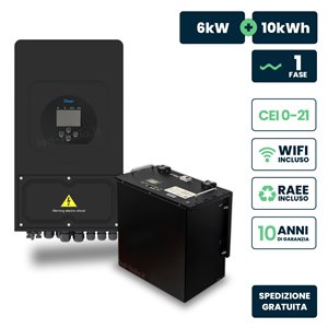 Kit Fotovoltaico Monofase 6kW con Inverter Ibrido Deye nero e Batteria LiFePO4 10kWh, Doppio MPPT, CEI 0-21, WiFi, Garanzia 10 A