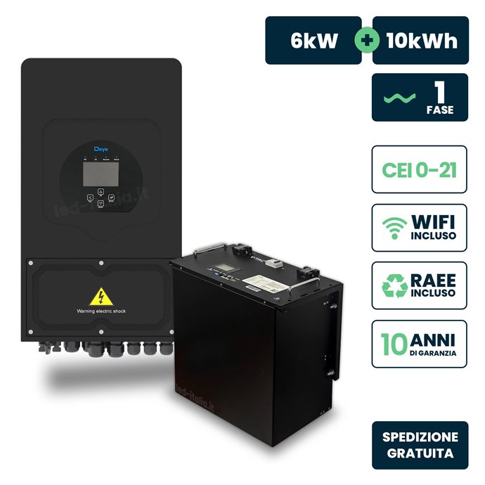 Kit Fotovoltaico Monofase 6kW con Inverter Ibrido Deye nero e Batteria LiFePO4 10kWh, Doppio MPPT, CEI 0-21, WiFi, Garanzia 10 A Kit Fotovoltaico Monofase 6kW con Inverter Ibrido Deye nero e Batteria LiFePO4 10kWh, Doppio MPPT, CEI 0-21, WiFi, Garanzia 10 A