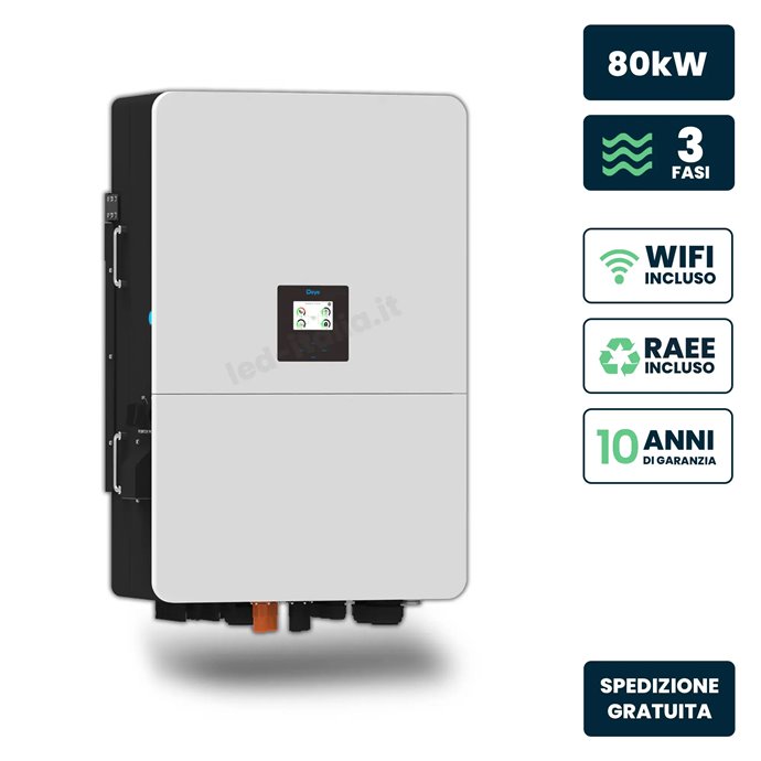 Inverter Fotovoltaico Alta Tensione Deye Trifase Ibrido On-Grid/Off-Grid 80kW, 6 MPPT, Schermo LCD Touch, WiFi e TA Inclusi, Gar Inverter Fotovoltaico Alta Tensione Deye Trifase Ibrido On-Grid/Off-Grid 80kW, 6 MPPT, Schermo LCD Touch, WiFi e TA Inclusi, Gar