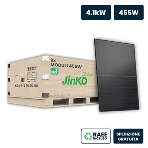 Set 4.1kW con 9 Pannelli Solari Fotovoltaici Moduli 455W JINKO Solar TIER-1 Tiger Neo Monocristallini N-Type TOPCon Black Frame 