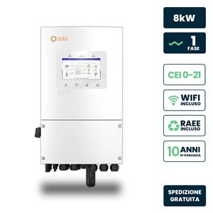 Inverter Fotovoltaico Solis Monofase Ibrido On-Grid/Off-Grid 8kW, Doppio MPPT, CEI 0-21, Schermo LCD, WiFi e TA Inclusi, Garanzi
