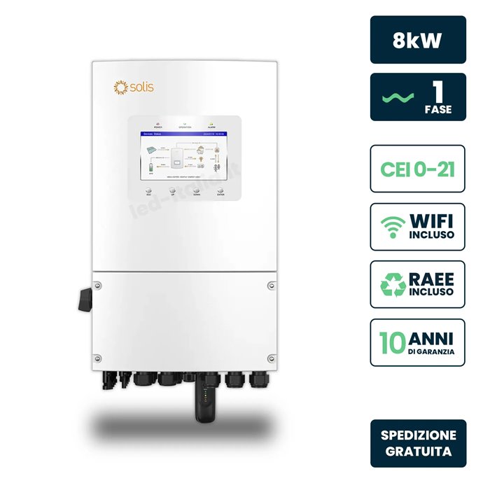 Inverter Fotovoltaico Solis Monofase Ibrido On-Grid/Off-Grid 8kW, Doppio MPPT, CEI 0-21, Schermo LCD, WiFi e TA Inclusi, Garanzi Inverter Fotovoltaico Solis Monofase Ibrido On-Grid/Off-Grid 8kW, Doppio MPPT, CEI 0-21, Schermo LCD, WiFi e TA Inclusi, Garanzi