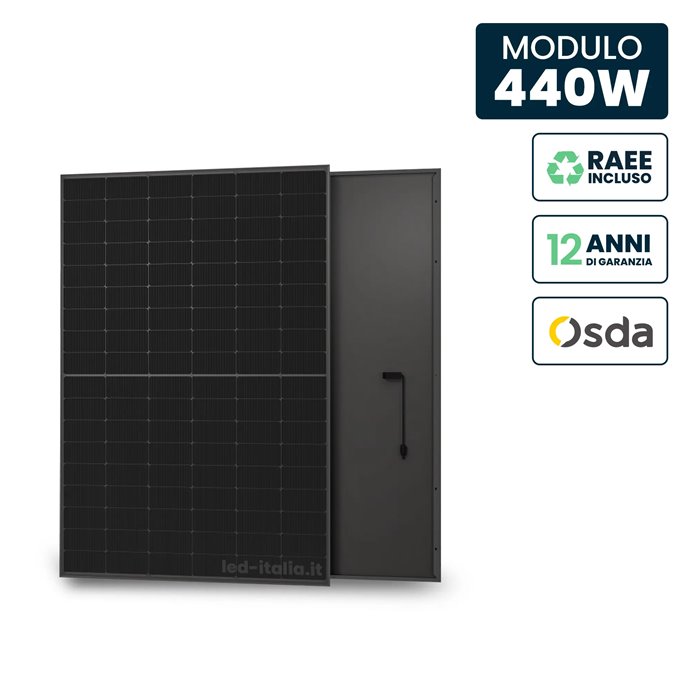 Pannello Solare Fotovoltaico Modulo 440W OSDA Solar TIER-1 Monocristallino N-Type TOPCon Full Black IP67/IP68 1722x1134x30mm Pannello Solare Fotovoltaico Modulo 440W OSDA Solar TIER-1 Monocristallino N-Type TOPCon Full Black IP67/IP68 1722x1134x30mm