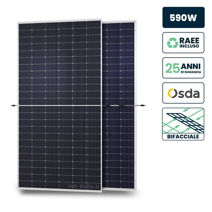 Pannello Solare Fotovoltaico Modulo 590W Bifacciale Austa OSDA Solar TIER-1 Monocristallino N-Type TOPCon Silver Frame IP67/IP68