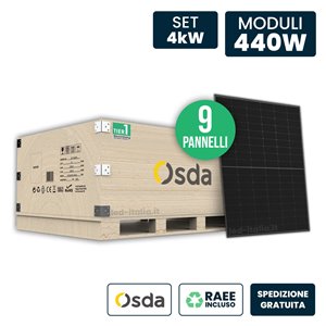 Set 4kW con 9 Pannelli Solari Fotovoltaici Moduli 440W OSDA Solar TIER-1 Monocristallini N-Type TOPCon Full Black IP67/IP68 1722