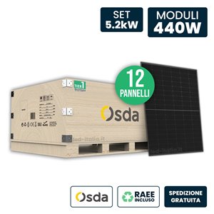 Set 5kW con 12 Pannelli Solari Fotovoltaici Moduli 440W OSDA Solar TIER-1 Monocristallini N-Type TOPCon Full Black IP67/IP68 172