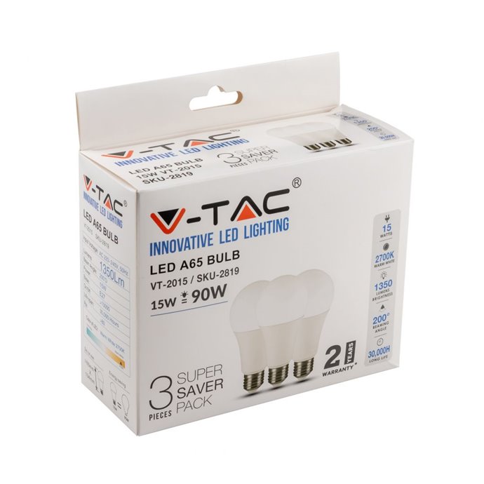 LED Bulb 15W E27 A60 Thermoplastic 2700K (Box 3 Pezzi)