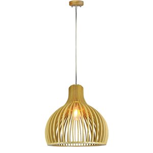 Wooden Pendant Light with Chrome Decorative Cap + Canopy + Lampshade Round D350*450mm