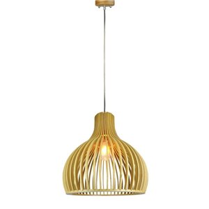 Wooden Pendant Light with Chrome Decorative Cap + Canopy + Lampshade Cone Cave D450*H450mm