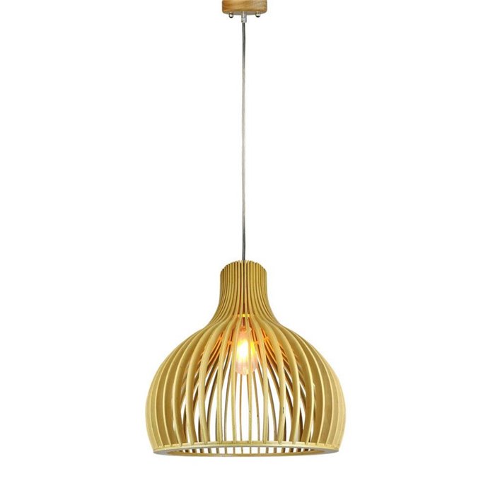 Wooden Pendant Light with Chrome Decorative Cap + Canopy + Lampshade Cone Cave D450*H450mm