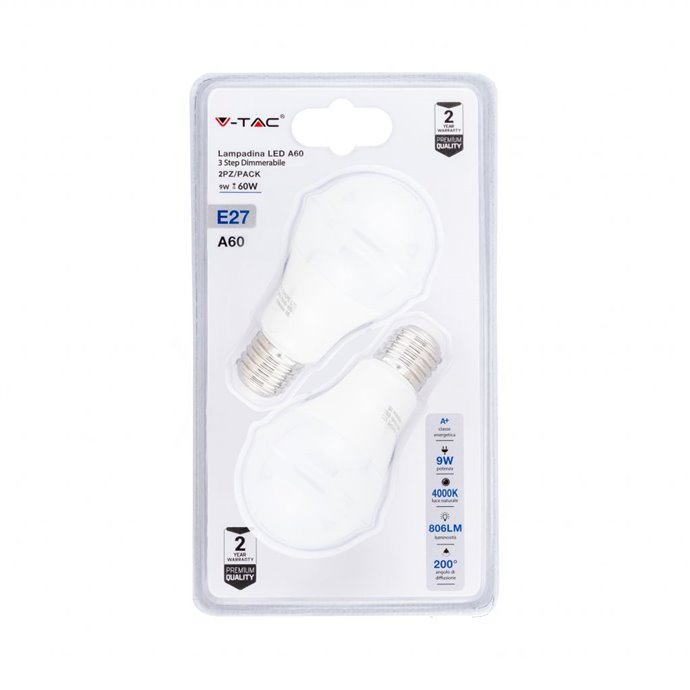 LED Bulb - 9W E27 A60 Thermoplastic 3Step Dimming 4000K (Blister 2 Pezzi) LED Bulb - 9W E27 A60 Thermoplastic 3Step Dimming 4000K (Blister 2 Pezzi)