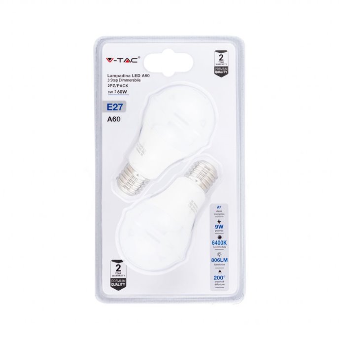 LED Bulb - 9W E27 A60 Thermoplastic 3Step Dimming 6400K (Blister 2 Pezzi) LED Bulb - 9W E27 A60 Thermoplastic 3Step Dimming 6400K (Blister 2 Pezzi)