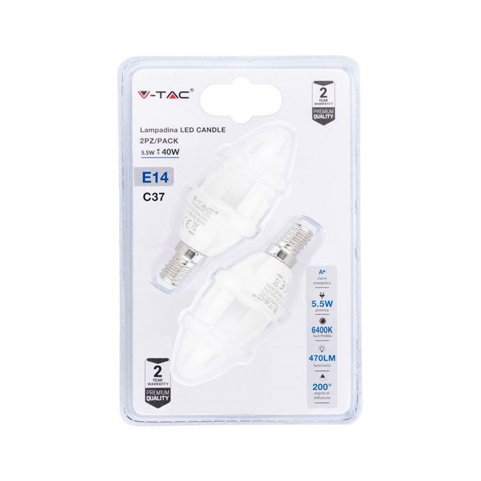 LED Bulb - 5.5W E14 Candle 6400K (Blister 2 pezzi) LED Bulb - 5.5W E14 Candle 6400K (Blister 2 pezzi)