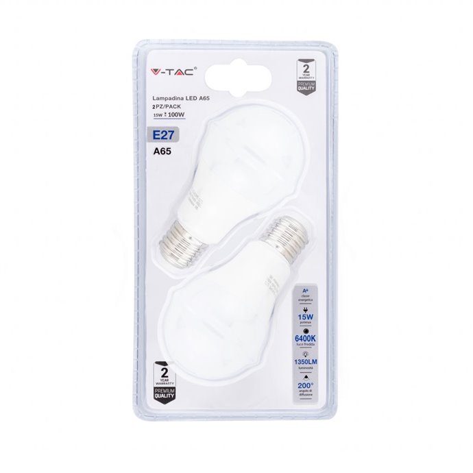 LED Bulb - 15W E27 A65 Thermoplastic 6400K (Blister 2 Pezzi) LED Bulb - 15W E27 A65 Thermoplastic 6400K (Blister 2 Pezzi)