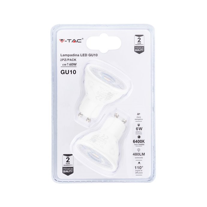 LED Spotlight - 6W GU10 Milky Cover 6400K (Blister 2 pezzi) LED Spotlight - 6W GU10 Milky Cover 6400K (Blister 2 pezzi)