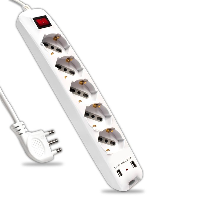 Multipresa con 5 Prese 10/16A 2P+T Bipasso/Schuko 45¬∞ e 2 Prese USB-A e Interruttore Generale Luminoso e Cavo 1,5m Spina 16A 2P