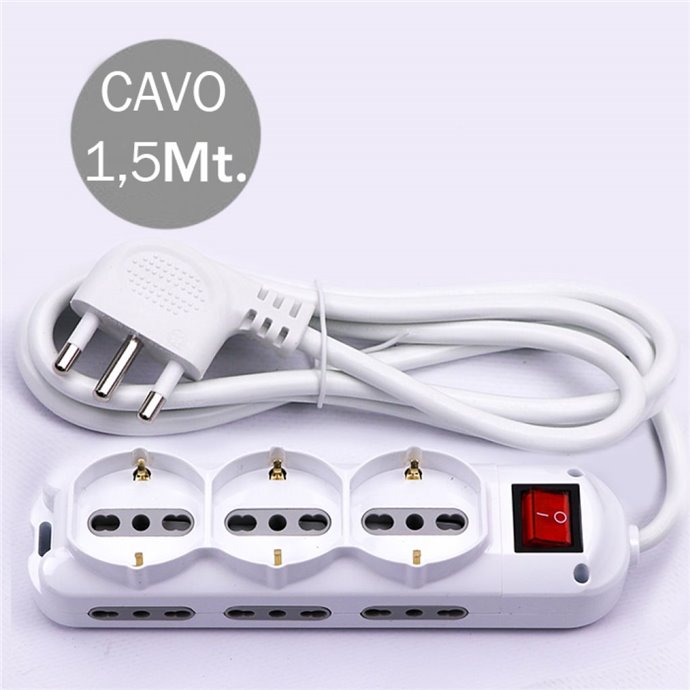 Multipresa con Cavo 1,5m e 9x Prese 10/16A (6x Laterali Bipasso + 3x Frontale Bipasso/Schuko), Spina 16A e Interruttore Colore B
