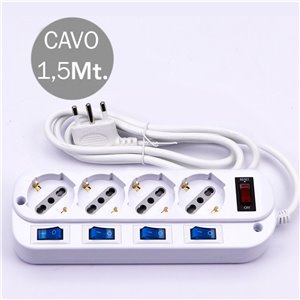 Multipresa con Cavo 1,5m e 4x Prese Bipasso/Schuko 10/16A, Spina 16A e Interruttori Indipendenti + Generale Colore Bianco