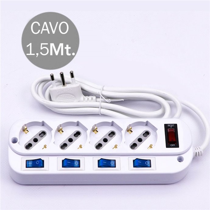 Multipresa con Cavo 1,5m e 4x Prese Bipasso/Schuko 10/16A, Spina 16A e Interruttori Indipendenti + Generale Colore Bianco Multipresa con Cavo 1,5m e 4x Prese Bipasso/Schuko 10/16A, Spina 16A e Interruttori Indipendenti + Generale Colore Bianco