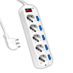 Multipresa con Cavo 1,5m e 5x Prese Bipasso/Schuko 10/16A, Spina 16A e Interruttori Indipendenti + Generale Colore Bianco