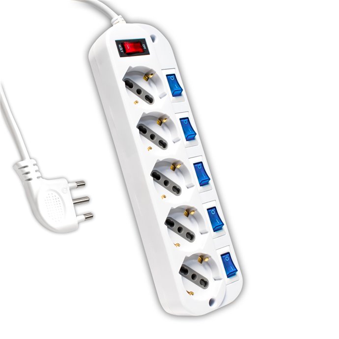 Multipresa con Cavo 1,5m e 5x Prese Bipasso/Schuko 10/16A, Spina 16A e Interruttori Indipendenti + Generale Colore Bianco Multipresa con Cavo 1,5m e 5x Prese Bipasso/Schuko 10/16A, Spina 16A e Interruttori Indipendenti + Generale Colore Bianco