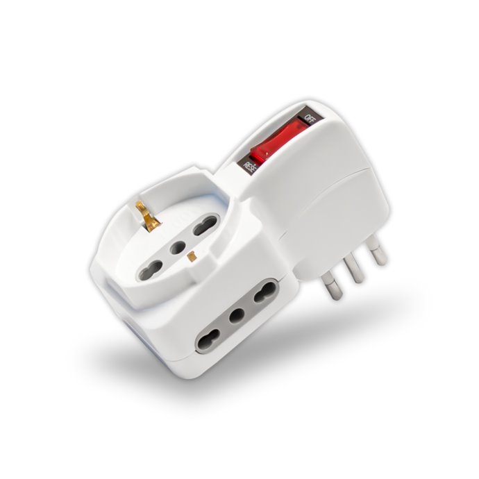 Adattatore Spina 10A 2 Prese 2P+T 10/16A Bipasso+1 Presa Bipasso/Schuko Con Protezione De Sovraccarico Max:1500W Adattatore Spina 10A 2 Prese 2P+T 10/16A Bipasso+1 Presa Bipasso/Schuko Con Protezione De Sovraccarico Max:1500W