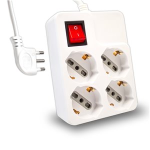 Multipresa Quadra con Cavo 1,5m e 4x Prese Bipasso/Schuko 10/16A, Spina 16A e Interruttore Colore Bianco