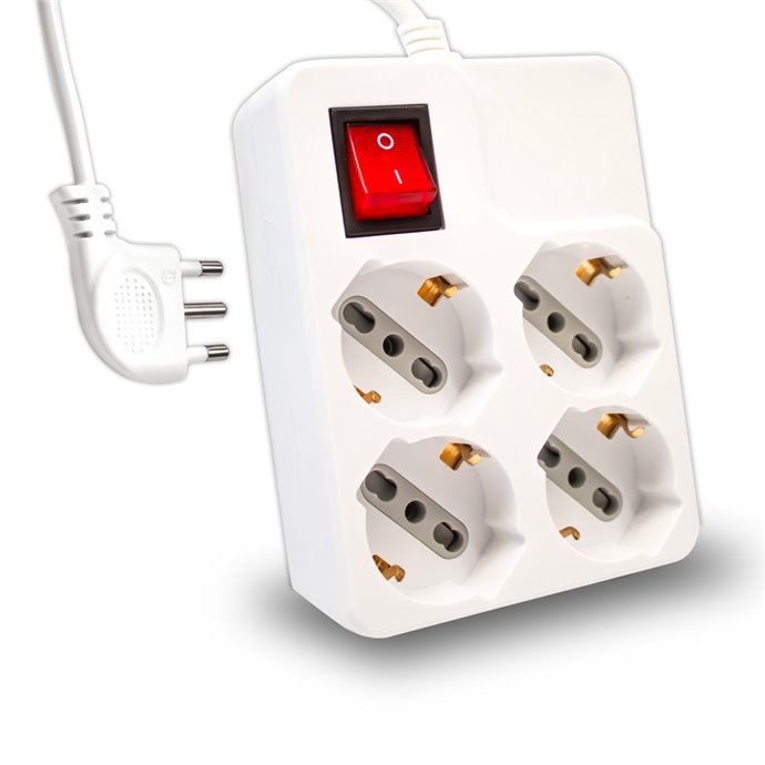 Multipresa Quadra con Cavo 1,5m e 4x Prese Bipasso/Schuko 10/16A, Spina 16A e Interruttore Colore Bianco