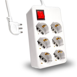 Multipresa Quadra con Cavo 1,5m e 6x Prese Bipasso/Schuko 10/16A, Spina 16A e Interruttore Colore Bianco