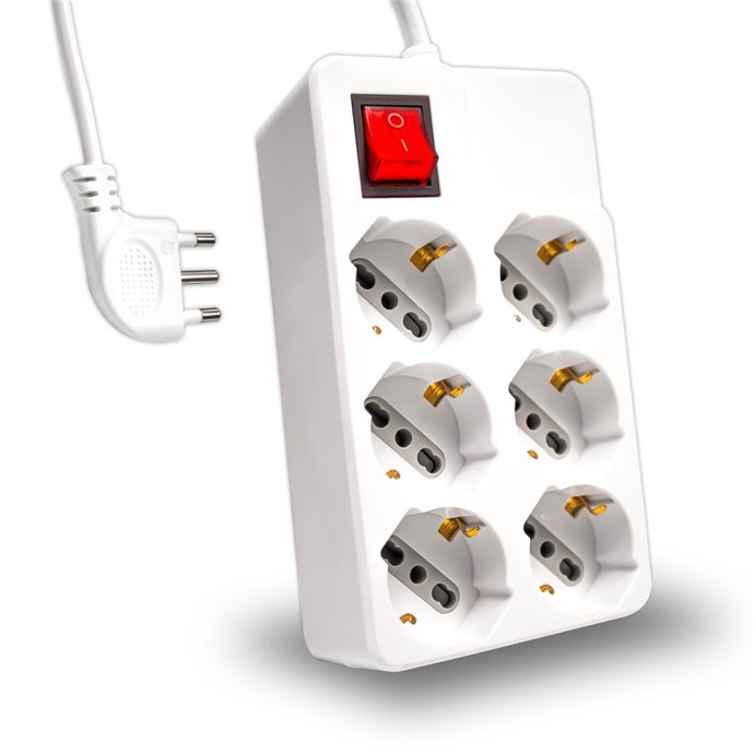 Multipresa Quadra con Cavo 1,5m e 6x Prese Bipasso/Schuko 10/16A, Spina 16A e Interruttore Colore Bianco Multipresa Quadra con Cavo 1,5m e 6x Prese Bipasso/Schuko 10/16A, Spina 16A e Interruttore Colore Bianco