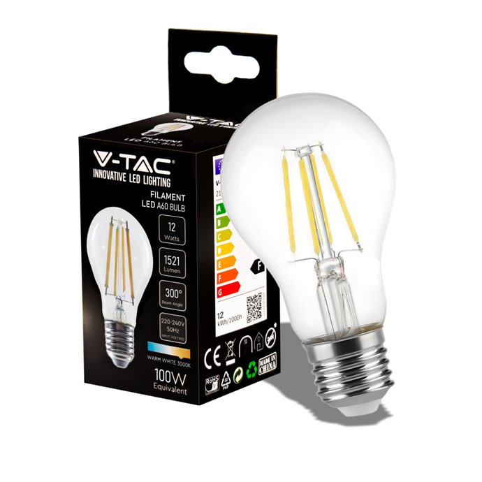 12W A60 LED Filament Bulb Clear Cover with 3000K E27