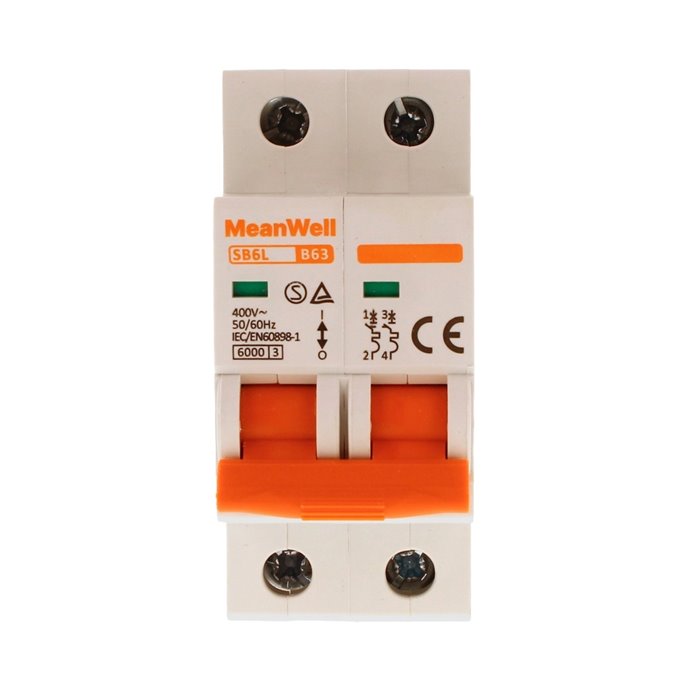 Interruttore Magnetetermico MeanWell Curva B 2P 2M 6kA B63A AC 400V IP20 IEC60898 Interruttore Magnetetermico MeanWell Curva B 2P 2M 6kA B63A AC 400V IP20 IEC60898