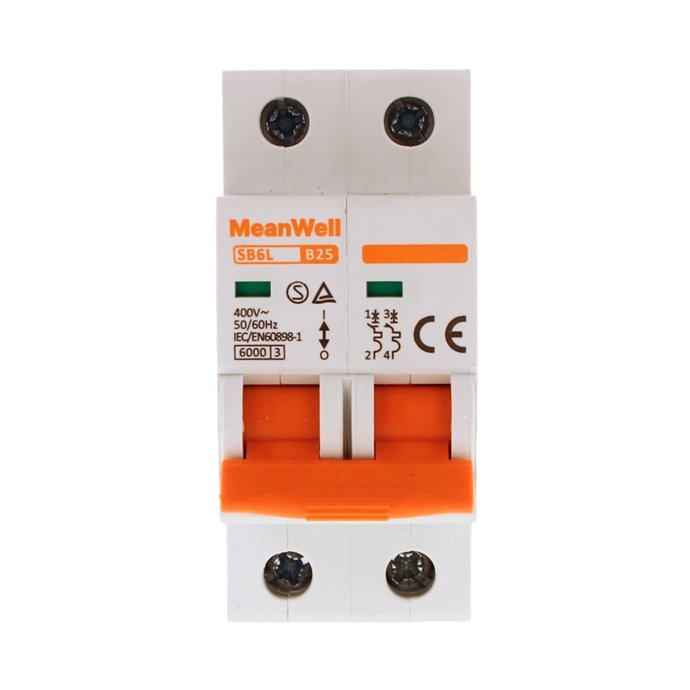Interruttore Magnetetermico MeanWell Curva B 2P 2M 6kA B25A AC 400V IP20 IEC60898